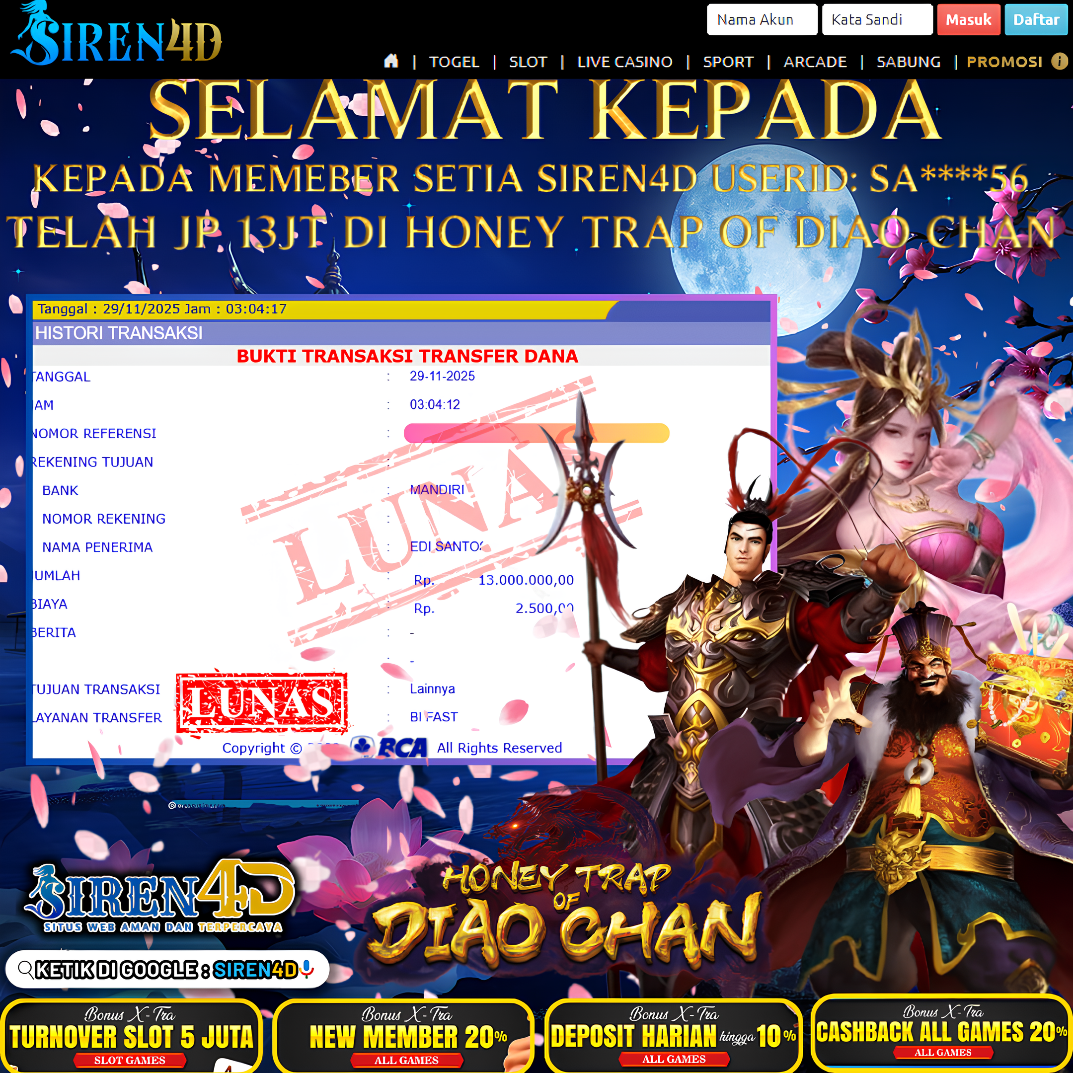 SIREN4D  - JACKPOT DI GAME HONEY TRAP OF DIAO CHAN RP 13 JT DIBAYAR LUNAS