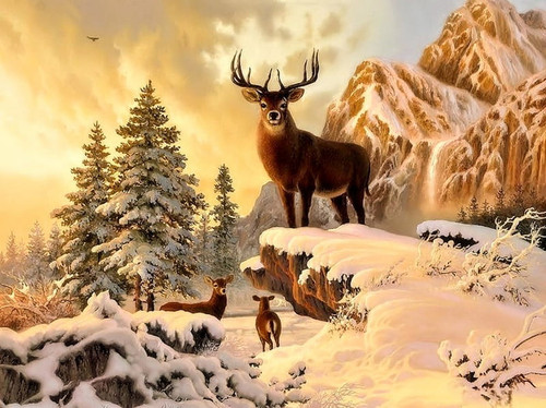 HD wallpaper deers in winter snow deer winter paintig.jpg