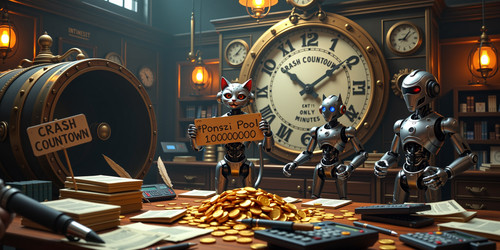 A chaotic scene in a steampunk themed Ponzi scheme office A large ornate brass vault labeled Ponzi P.jpg