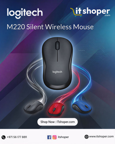 Logitech M220 silent wireless mouse in multiple colors displayed on a modern background, available a.jpg