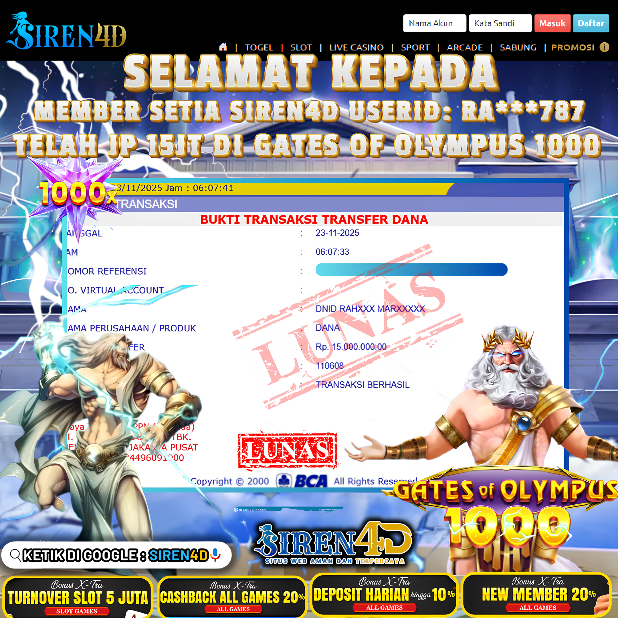 SIREN4D  - JACKPOT DI GAME GATES OF OLYMPUS 1000 RP 15 JT DIBAYAR LUNAS
