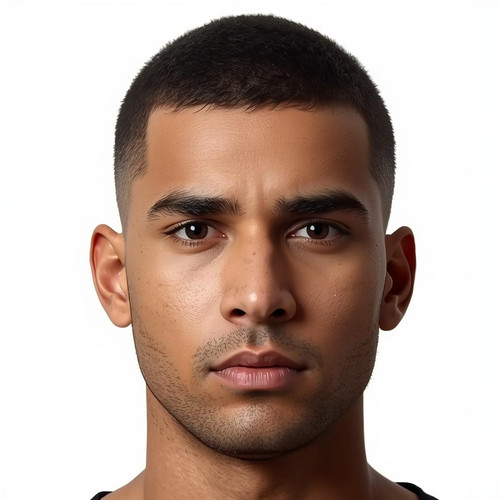 Hyperrealistic close up of a North Indian male with a High & Tight haircut (very short sides, slight.jpg