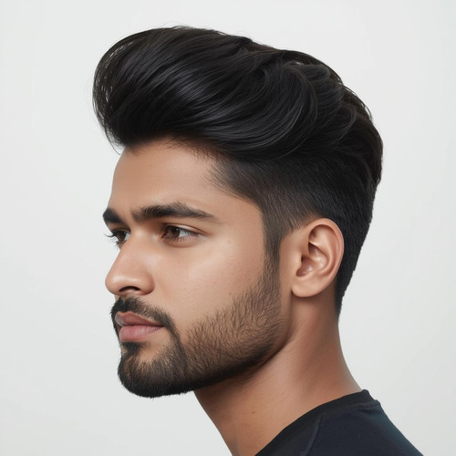 Hyperrealistic portrait of a North Indian male with a Pompadour, voluminous top with neat sides, whi.jpg