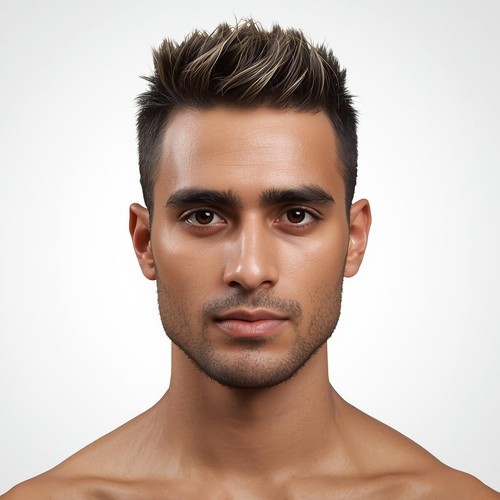 Hyperrealistic portrait of a North Indian male with Short Spikes, lightly styled upward texture, pla.jpg