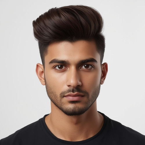 Hyperrealistic portrait featuring a North Indian male with a Quiff (lifted front volume), plain whit.jpg