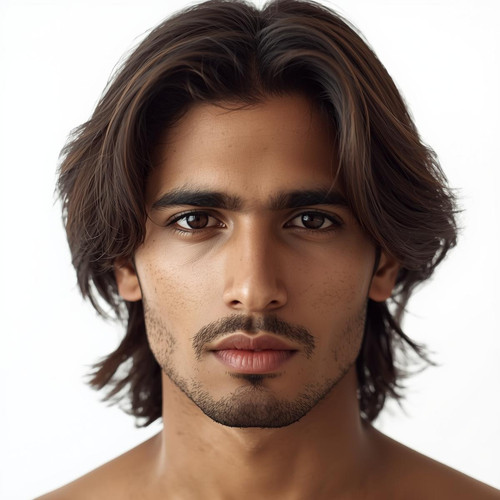 Hyperrealistic portrait of a North Indian male with Medium Layered Hair, soft layered texture, plain.jpg