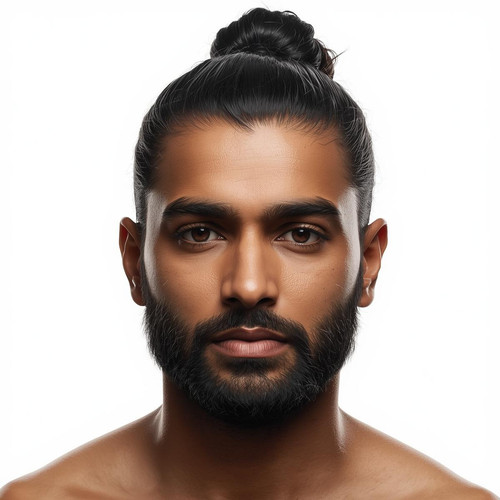 Hyperrealistic portrait of a North Indian male with a Top Knot (tight bun at top of head), white bac.jpg