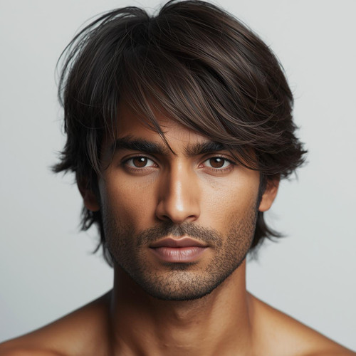 Hyperrealistic portrait of a North Indian male with a Medium Shag, messy layered style, white backgr.jpg