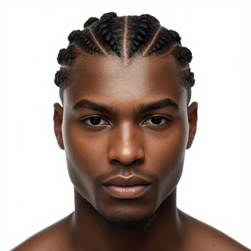 Hyperrealistic portrait of a North Indian male with Cornrows, cleanly patterned braids, white backgr.jpg