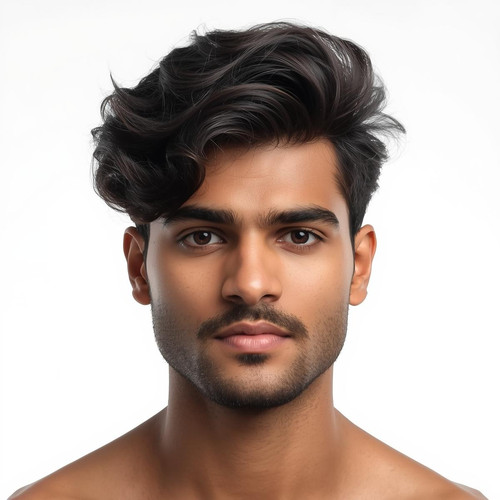 Hyperrealistic portrait of a North Indian male with a Curly Fringe, curls falling slightly forward, .jpg