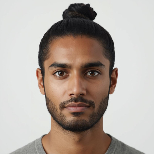Hyperrealistic portrait of a North Indian male with a Man Bun, neat bun positioned mid or high, whit.jpg