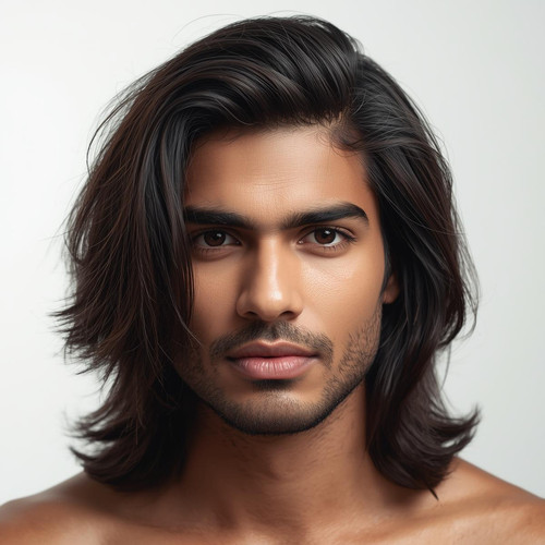 Hyperrealistic portrait of a North Indian male with Long Layered Hair, visible multi length layers, .jpg