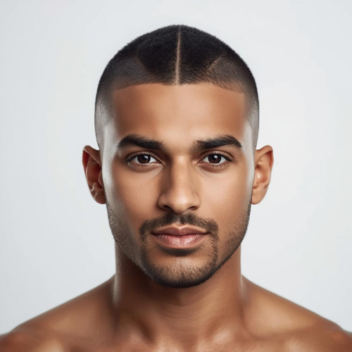 Hyperrealistic portrait of a North Indian male with a buzz cut hairstyle, shaved sides with tall cen.jpg