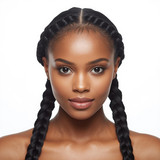Front facing portrait of a beautiful 24 year old Indian fair skinned woman with Double Braids — two 