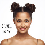 Front facing portrait of a beautiful 24 year old Indian fair skinned woman with Space Buns — two sma
