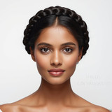 Front facing portrait of a beautiful 24 year old Indian fair skinned woman with a Halo Crown Braid —