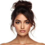 Front facing portrait of a beautiful 24 year old Indian fair skinned woman with a Messy Bun — relaxe