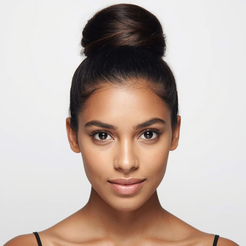 Front facing portrait of a beautiful 24 year old Indian fair skinned woman with a High Bun — neat or.jpg