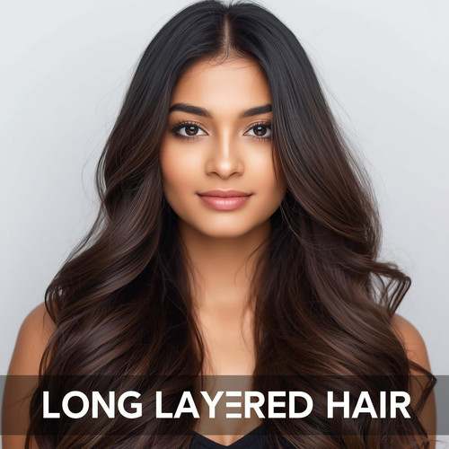 Front facing portrait of a beautiful 24 year old Indian fair skinned woman with Long Layered Hair — .jpg