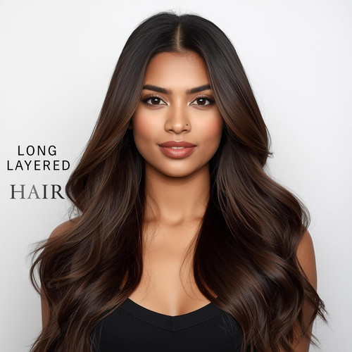 Front facing portrait of a beautiful 24 year old Indian fair skinned woman with Long Layered Hair — .jpg