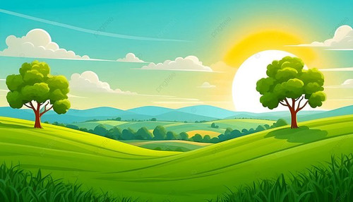 Beautiful Cartoon Landscape Background With Sunset Green Grass Field And Trees, Sunny Day, Afternoon.jpg