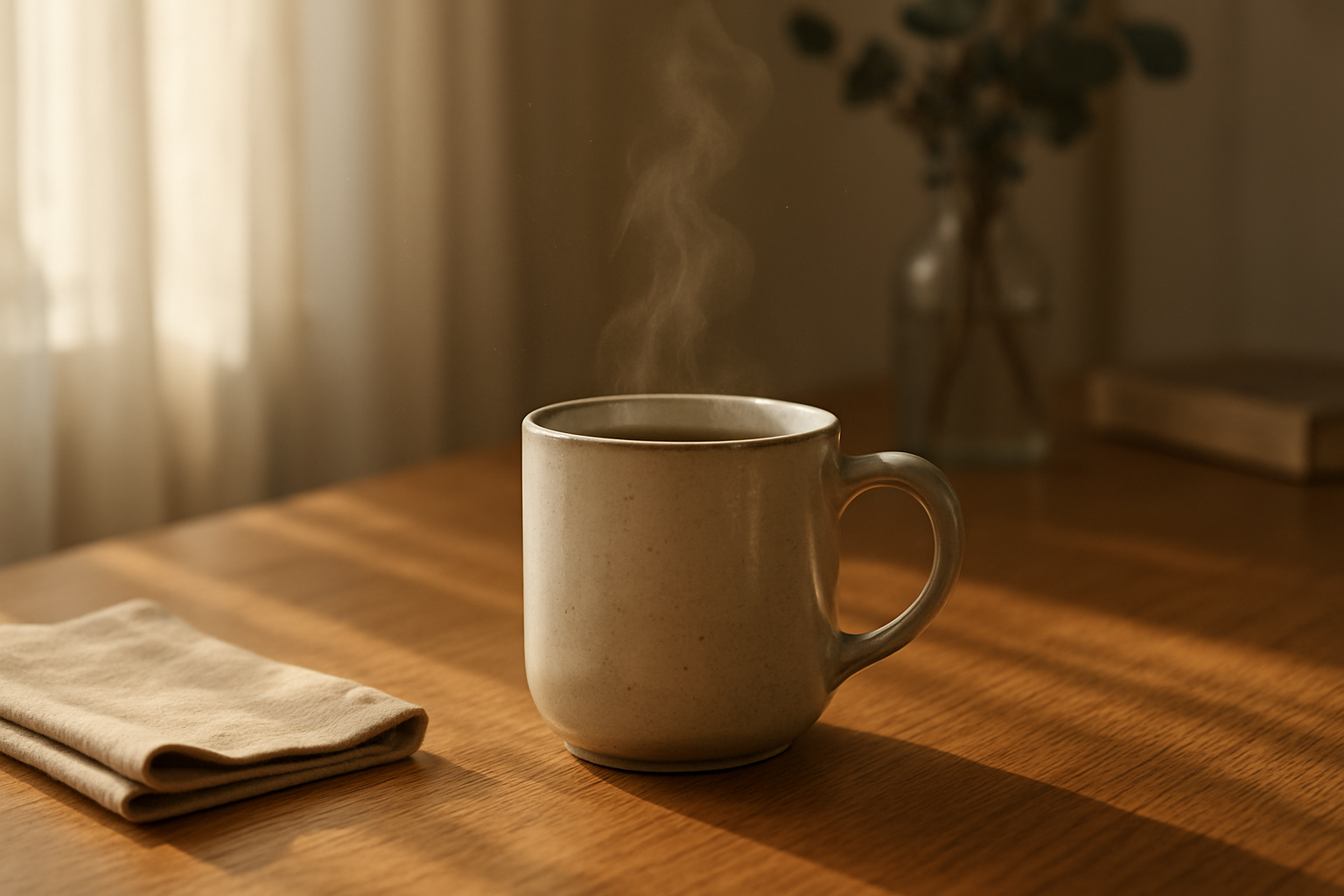 Hyperrealistic editorial scene of a ceramic mug on a sunlit oak breakfast table, soft morning light streaming through sheer curtains. Gentle steam curls from the mug, fine dust motes in the air, and a folded linen napkin beside it. In the background, a blurred vase with eucalyptus and a hint of a cookbook’s spine imply a cozy home. Warm, natural color grade, shallow depth of field 85mm look, subtle reflections on glazed ceramic, tactile wood grain, minimalist styling, no text or branding, cinematic realism.