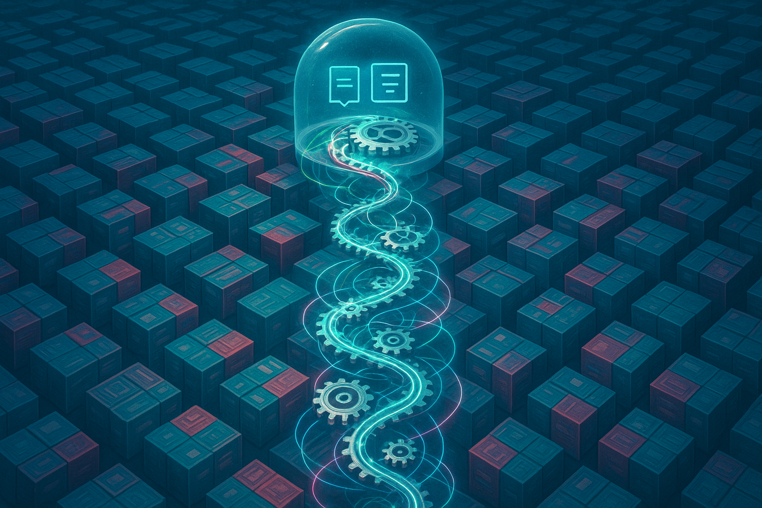 A hyperreal, surreal scene of an endless warehouse of product boxes arranged as variant tiles; silver gears and luminous threads connect each tile to a glowing "canonical path" that spirals upward into a protective glass dome labeled with abstract symbols for title, description, and schema. Isometric perspective, retrofuturist color palette teal, neon magenta, midnight blue, soft volumetric lighting, micro-detailed textures, crisp reflections, high dynamic range. The mood conveys speed, precision, and SEO safety while massive updates occur in perfect harmony.