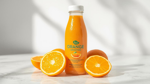 Create A Image Containning A Orange Botlled Smootie With Orange's Near It..jpg