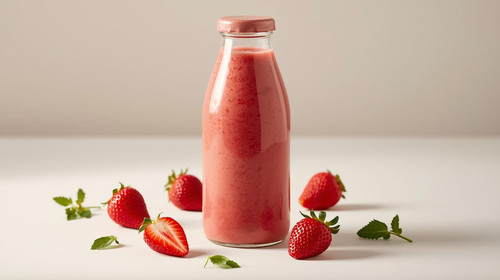 Create A Image Containning A Stawberry Botlled Smootie With Stawberry's Near It..jpg