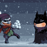 Joker throwing snowballs at Batman.gif