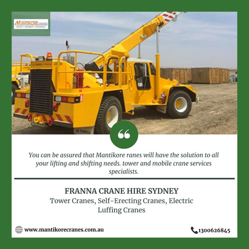 Mantikore Cranes offer high quality Franna crane hire Sydney for your construction sites. We provides best crane services. We assure that you will receive the best crane trucks in Sydney. We are committed to completing all projects safely, efficiently, on budget and on-time. We also provide buyback options once your crane has completed your project. We have more than 29 years of experience working in the crane hire industries in Australia. We assure you that you will receive the best crane hire services. We are providing Tower Cranes, Mobile Cranes, Self-Erecting Cranes, and Electric Luffing Cranes. Our professionals will provide you with the effective solutions and reliable services that can help you to solve technical problems that might occur sometimes. To know more about our services, you may visit on the website. Contact us at 1300626845.

• Website: https://mantikorecranes.com.au/
• Address: PO BOX 135 Cobbitty NSW, 2570 Australia
• Email: info@mantikorecranes.com.au
• Opening Hours: Monday to Friday from 7 am to 7 pm