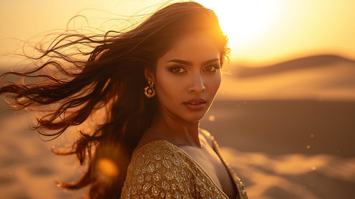 A breathtaking cinematic close up of a beautiful Indian woman with glowing wheatish skin, long wavy .jpg