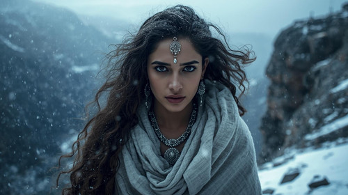 A beautiful Indian girl with light brown skin and long curly hair wears a white woolen shawl and sil.jpg