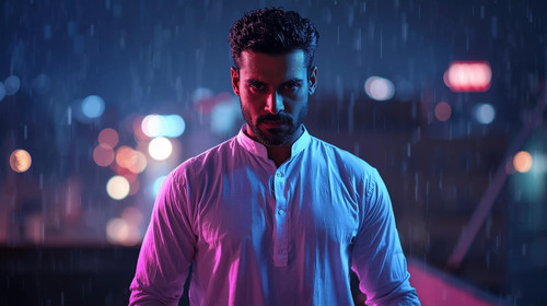 A handsome Indian man with sharp features, stubble beard, expressive eyes, and wet hair stands on a .jpg