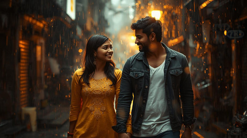 A couple walks through a narrow Mumbai street in monsoon drizzle. The girl wears a yellow cotton kur.jpg