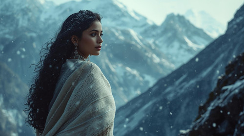 A beautiful Indian girl with light brown skin and long curly hair wears a white woolen shawl and sil.jpg