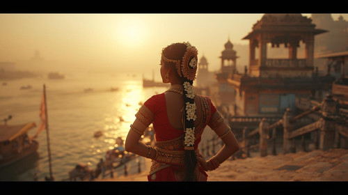 A beautiful Indian classical dancer with long braided hair, jasmine flowers, wearing traditional red.jpg