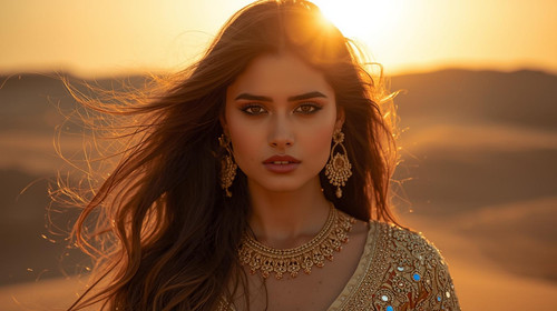 A breathtaking cinematic close up of a beautiful Indian woman with glowing wheatish skin, long wavy .jpg