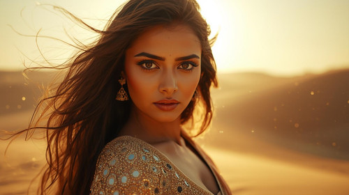 A breathtaking cinematic close up of a beautiful Indian woman with glowing wheatish skin, long wavy .jpg