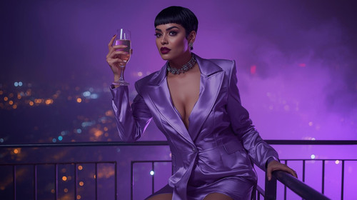 17. A chic Indian trendsetter with pixie cut and plum lipstick, wearing a lavender satin tuxedo and .jpg