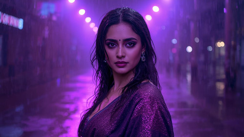 A beautiful Indian woman with wet hair and smoky purple eyeliner, wearing a shimmering deep violet s.jpg