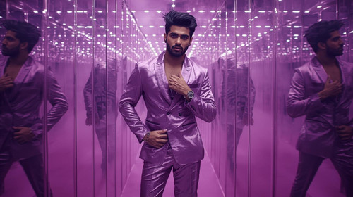 9. A glamorous Indian model with feathered hair and plum gloss, wearing a lavender metallic trouser .jpg