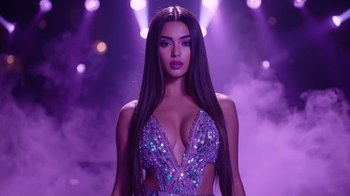 A glamorous Indian pop star girl with silky straight hair, violet glossy makeup, and a sparkling sil.jpg