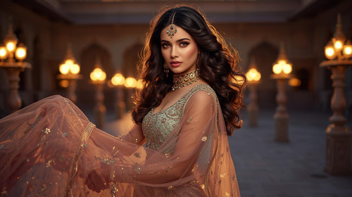 A gorgeous Indian woman with hazel eyes and curly hair, wearing a royal pastel lehenga with mirror w.jpg