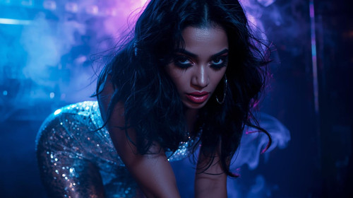 A bold and beautiful Indian woman with wavy hair, shimmering makeup, metallic silver bodycon dress, .jpg