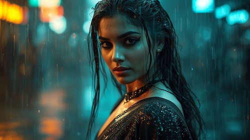 A beautiful Indian girl with wet hair, smoky eyeliner, wearing a black shimmering saree, standing un.jpg