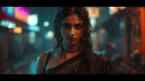 A beautiful Indian girl with wet hair, smoky eyeliner, wearing a black shimmering saree, standing un.jpg