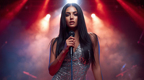 A glamorous Indian pop star girl with straight silky hair, glossy makeup, silver sequin dress, holdi.jpg