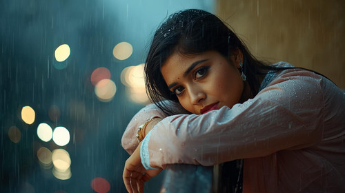 A beautiful Indian woman with deep emotional eyes, wearing a simple pastel kurta, leaning on a rain .jpg