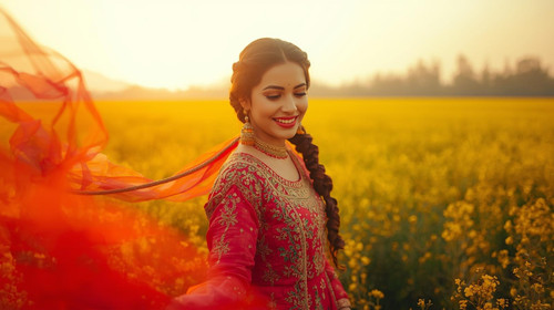 A beautiful Punjabi girl with braided hair, jhumkas, wearing a bright phulkari suit, standing in a m.jpg